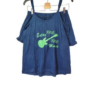 Women Ruffle Pajama Set With Graphic Enjoy Music Blue Shorts & Top Size Large
